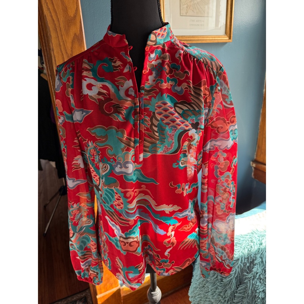 Vintage 60s California Girl Red Dragon Cloud Print Mandarin Collar Blouse Top